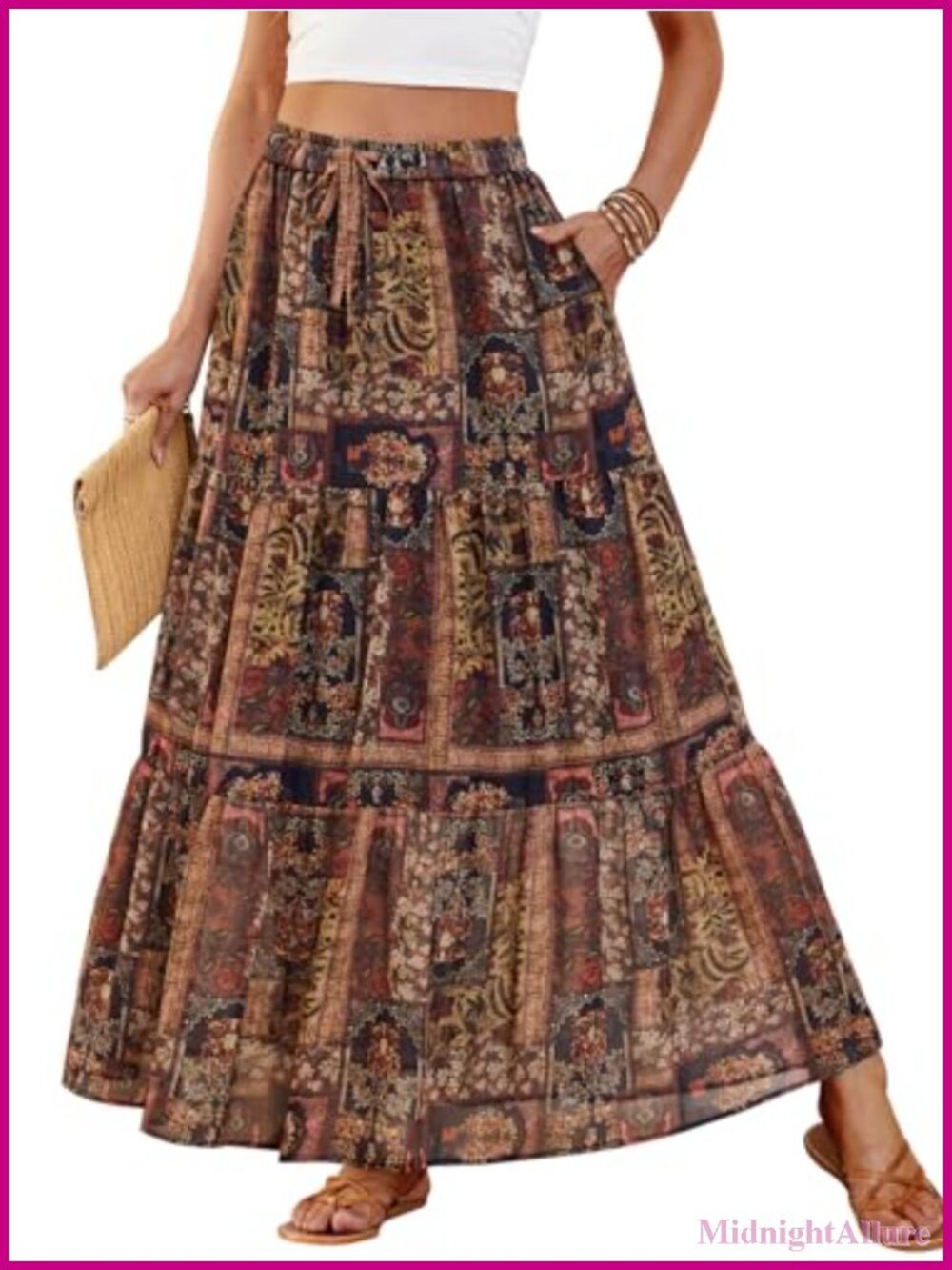 Boho Chiffon Maxi Skirt Flowy A-Line Tiered with Pockets
